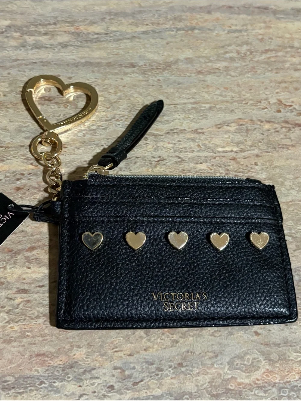 NWat Victoria's Secret Black Card Holder Keychain with Gold Heart Accents